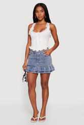 Acid Wash Denim Frayed Ruffle Hem Mini Skirt