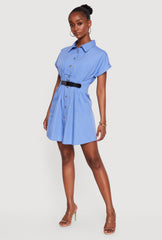 Belt Detail Button Front Short Sleeve Shirt Dress