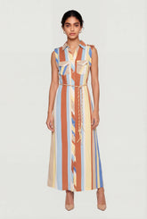 Abstract Striped Button Front Maxi Shirt Dress with Rope Belt