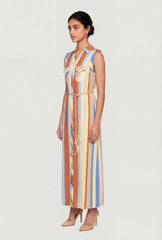 Abstract Striped Button Front Maxi Shirt Dress with Rope Belt