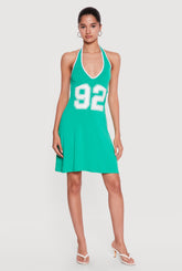92 Graphic Contrast Trim Halter Mini Dress