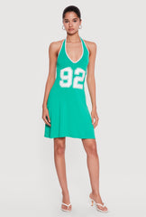 92 Graphic Contrast Trim Halter Mini Dress