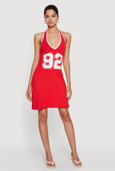 92 Graphic Contrast Trim Halter Mini Dress