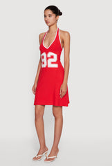 92 Graphic Contrast Trim Halter Mini Dress
