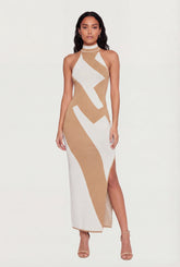 Abstract Print Side Slit Halter Maxi Dress