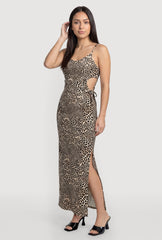 Animal Print Drawstring Side Detail Side Slit Maxi Dress