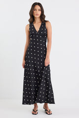 Aston Black Large Polka Dot Satin Bias Flared Maxi Dress