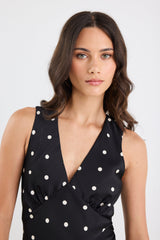 Aston Black Large Polka Dot Satin Bias Flared Maxi Dress