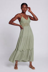 Beaded Crochet Detail Tiered Midi Dress