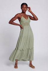 Beaded Crochet Detail Tiered Midi Dress