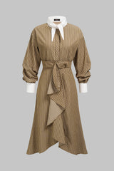 Contrast Stripes Print Asymmetrical Ruched Long Sleeve Midi Dress
