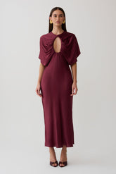 Mona Cut Out Satin Midi Dress - Burgundy