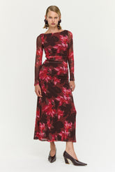Amyra Bordeaux Garden Chocolate Mesh LS Midi Dress