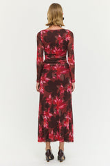 Amyra Bordeaux Garden Chocolate Mesh LS Midi Dress