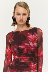 Amyra Bordeaux Garden Chocolate Mesh LS Midi Dress