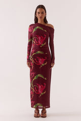 Azalea Vino Red Floral Print LS Maxi Dress