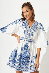 Amira Shirt Dress In White With Blue Print