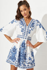 Amira Shirt Dress In White With Blue Print
