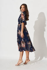 Brittney Midi Dress In Navy And Pink Floral Chiffon