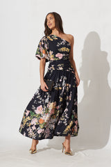 Berlyn One Shoulder Maxi Dress in Black With Pink Floral