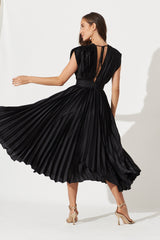 Anetta Midi Dress In Pleated Black Satin