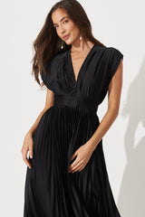 Anetta Midi Dress In Pleated Black Satin