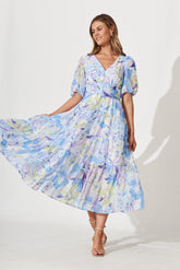 Celine Midi Dress In Blue With Green Watercolour Floral Print