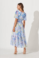 Celine Midi Dress In Blue With Green Watercolour Floral Print