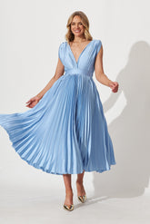 Anette Midi Dress In Pleated Pale Blue Satin