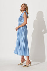 Anette Midi Dress In Pleated Pale Blue Satin