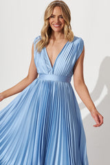 Anette Midi Dress In Pleated Pale Blue Satin