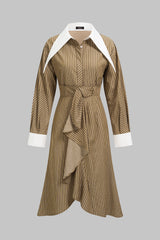 Contrast Stripes Print Asymmetrical Ruched Long Sleeve Midi Dress