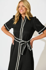 Aurora Midi Shirt Dress In Black With White Contrast Stitch
