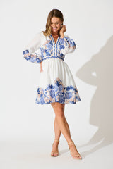 Clarion Dress in White Border Floral Linen Blend