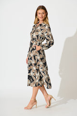 Brunswick Midi Shirt Dress in Black with Brown Leaf
