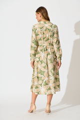 Brunswick Midi Shirt Dress in Green with Beige Leaf