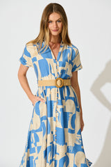 Charli Midi Shirt Dress in Blue Geometric Print with Belt