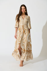 Amarie Maxi Dress in Beige and White Boho Print