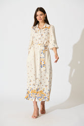 Bellie Maxi Shirt Dress in Cream with Blue and Yellow Linen Blend