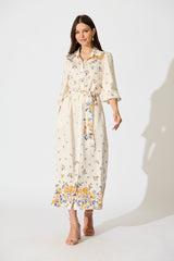 Bellie Maxi Shirt Dress in Cream with Blue and Yellow Linen Blend