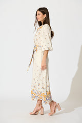 Bellie Maxi Shirt Dress in Cream with Blue and Yellow Linen Blend