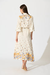 Bellie Maxi Shirt Dress in Cream with Blue and Yellow Linen Blend