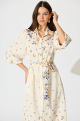 Bellie Maxi Shirt Dress in Cream with Blue and Yellow Linen Blend