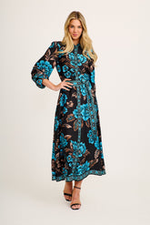 Aurelina Maxi Shirt Dress in Black with Blue Floral Linen Blend