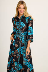 Aurelina Maxi Shirt Dress in Black with Blue Floral Linen Blend