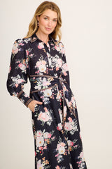 Chic In Bloom Maxi Shirt Dress in Black Floral Linen Blend
