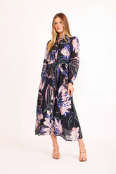 Arvella Midi Shirt Dress in Black with Pink Floral Cotton Blend