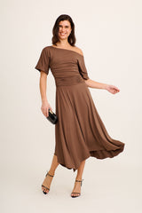 Bonnie Midi Off Shoulder Dress in Chocolate Jersey