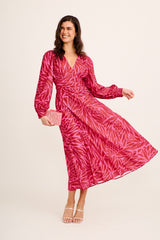 Aya Maxi Dress in Wine with Pink Print