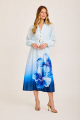 Castella Midi Shirt Dress in Blue Floral Cotton Blend